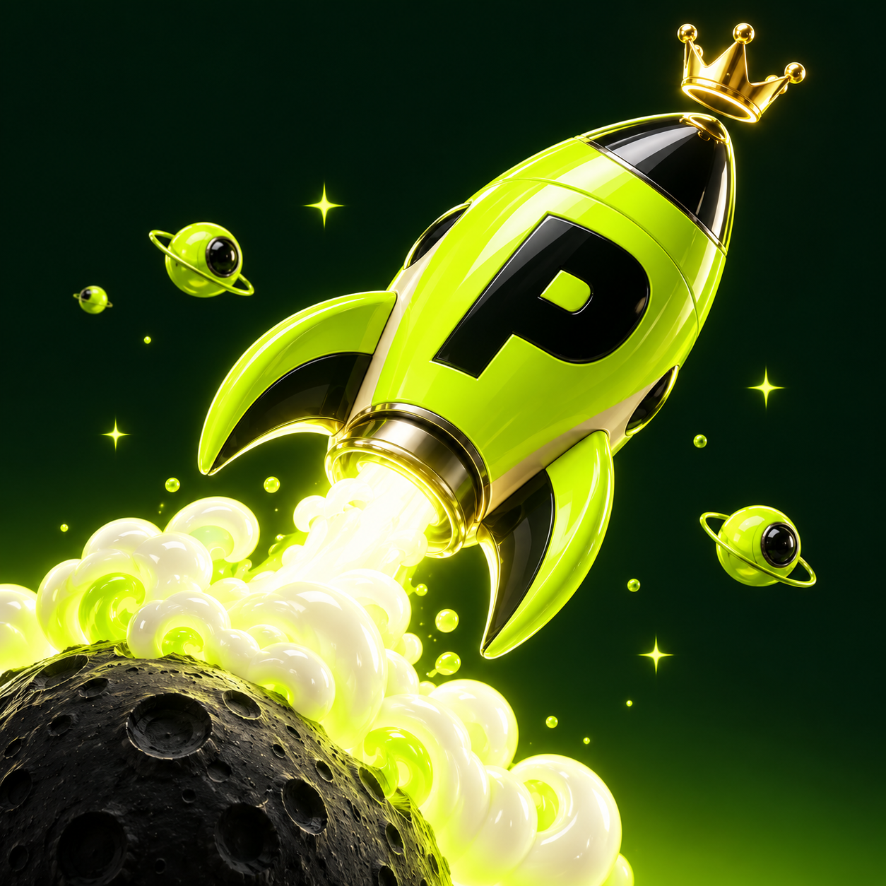 A crowned lime-green PONS rocket taking off from a dark moon